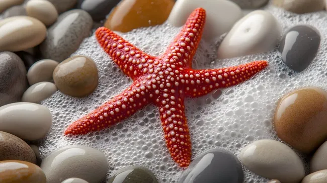 Roter Seestern auf schäumendem Hintergrund mit Kieselsteinen