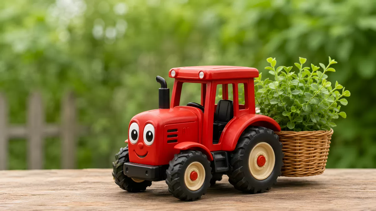 Roter Spielzeugtraktor mit Pflanzenkorb auf Holz
