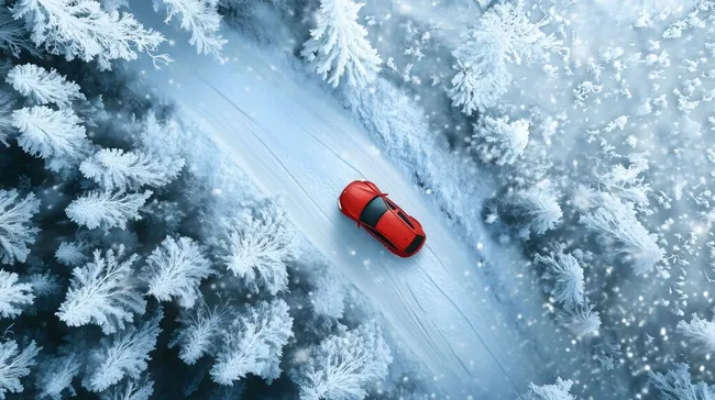 Roter Sportwagen auf verschneiter Winterstraße im Wald