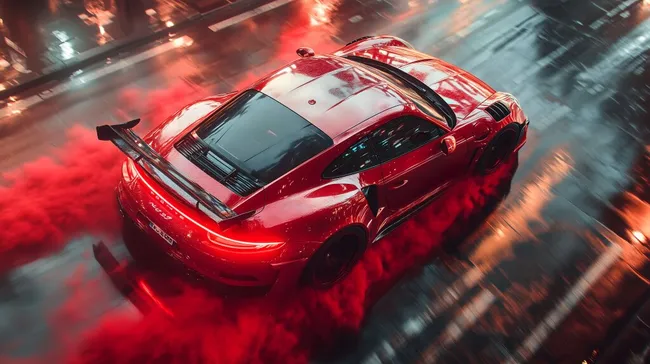 Roter Sportwagen in spektakulärem Drift auf nasser Straße