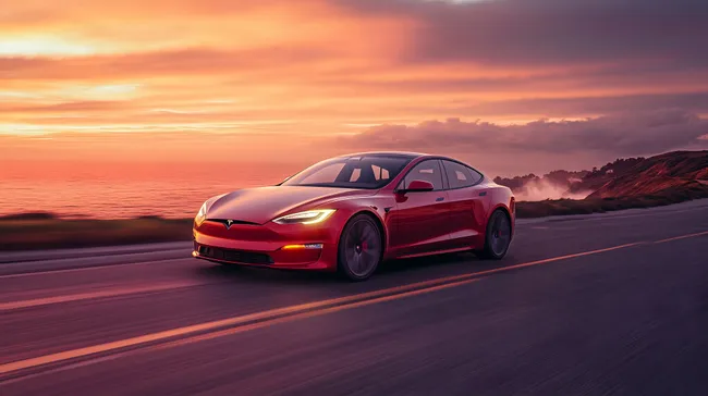 Roter Tesla Model S auf malerischer Küstenstraße bei Sonnenuntergang
