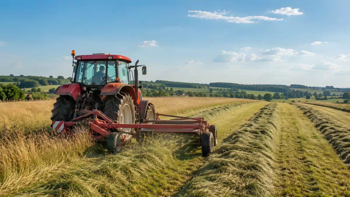 Roter Traktor mäht Heufeld an sonnigem Sommertag
