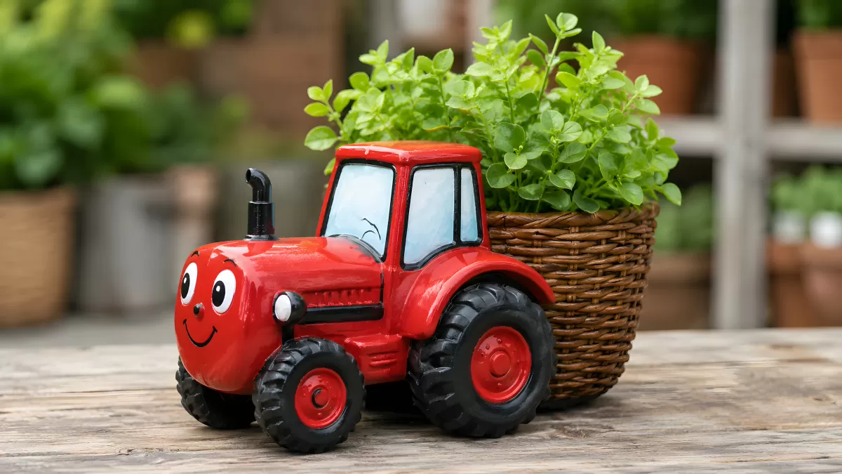 Roter Traktor-Übertopf mit frischen Kräutern im Korb