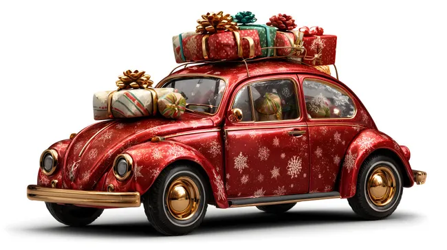 Roter Vintage-Käfer mit festlichen Geschenkpaketen