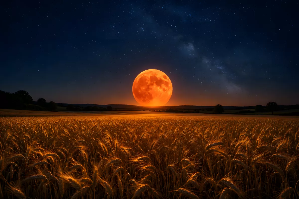 Erdbeermond über Weizenfeld im Juni 2026