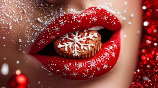 Roter Weihnachtskeks mit Schneeflocken auf roten Lippen