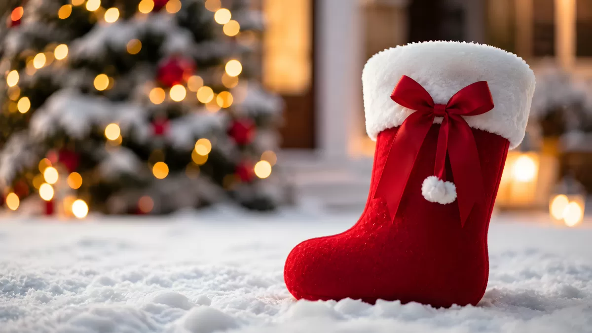 Roter Weihnachtsstiefel im Schnee vor Lichterbaum