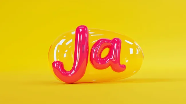 Rotes 3D-Ja-Symbol auf gelbem Hintergrund