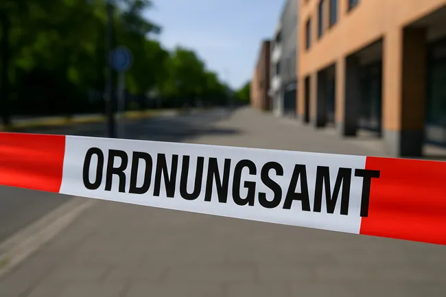 Rotes Absperrband mit Aufschrift vor leerer Straße