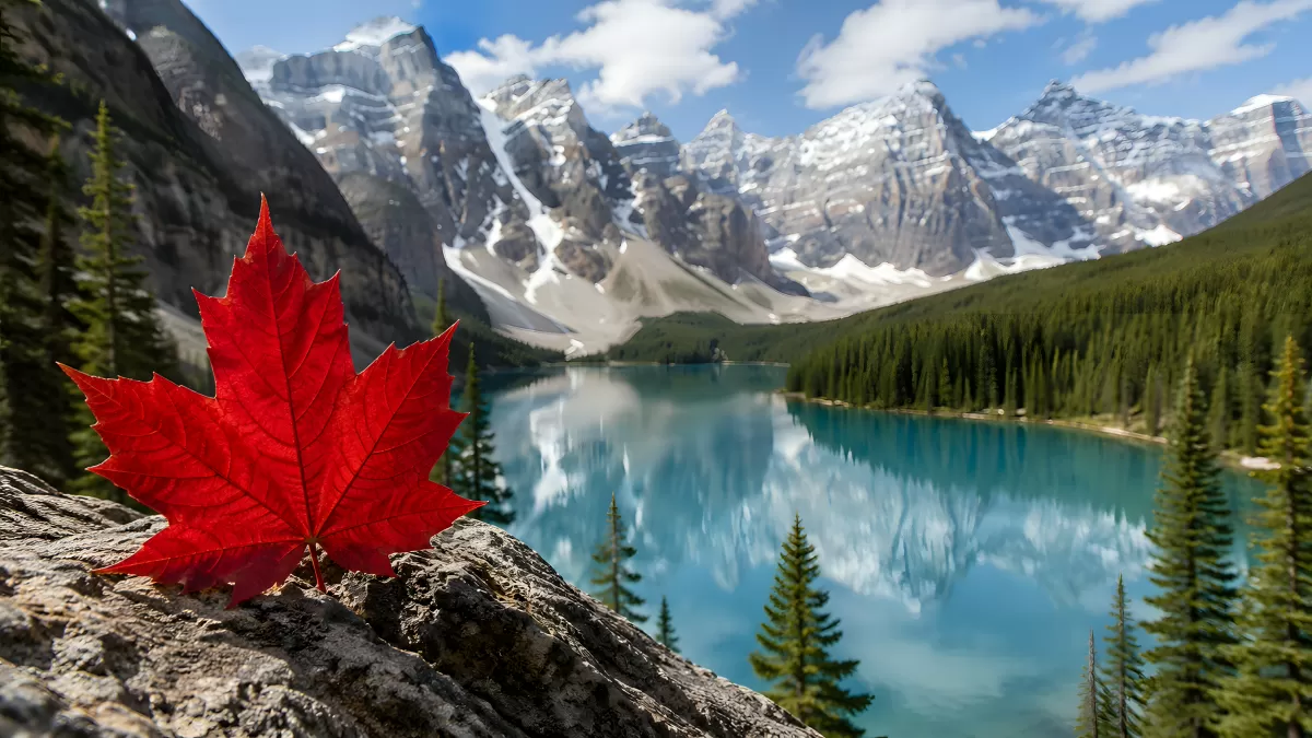 Rotes Ahornblatt vor türkisem Bergsee in Kanada