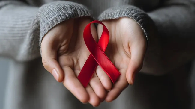 Rotes AIDS-Erkennungsband in schützenden Händen