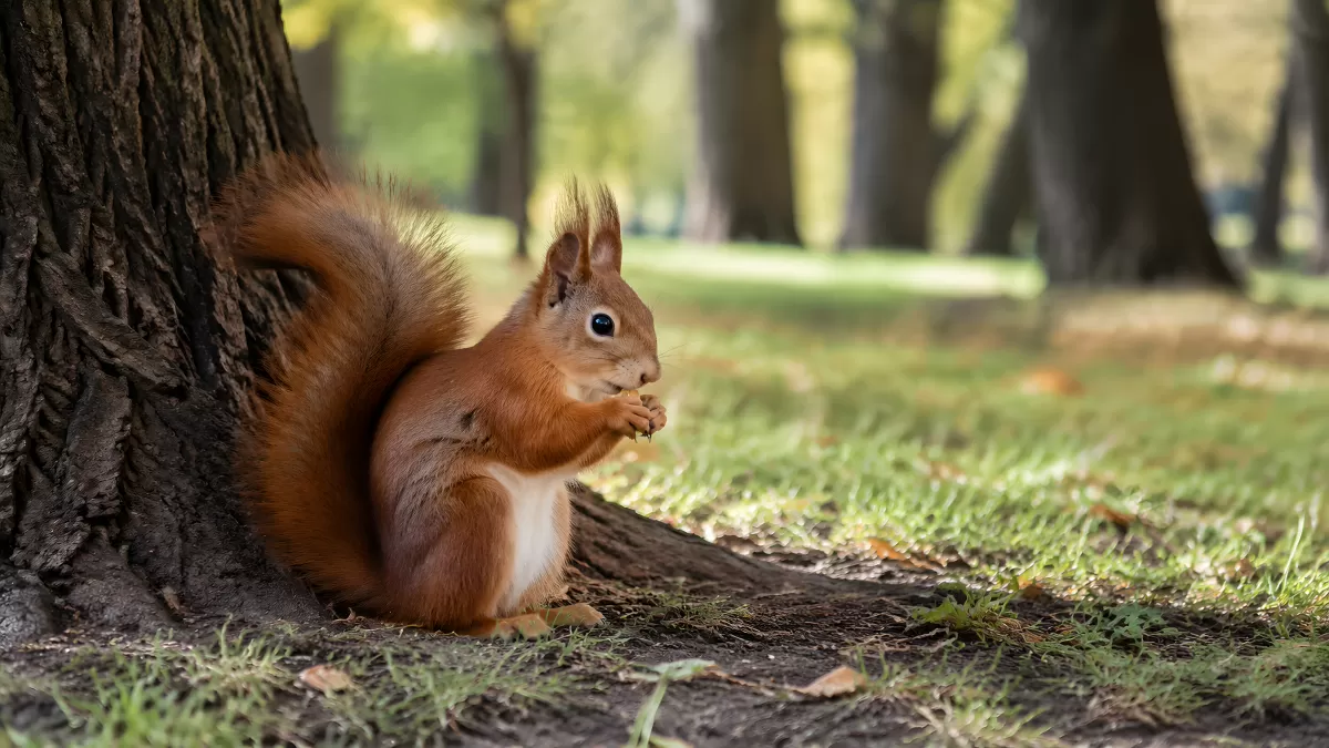 Rotes Eichhörnchen frisst Nuss am Baumstamm im Park