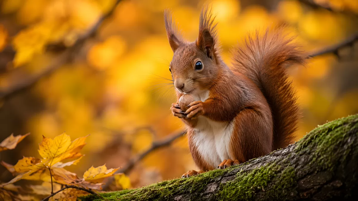 Rotes Eichhörnchen knabbert Nuss auf Moosbaumast
