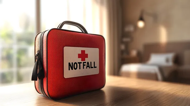 Rotes Erste-Hilfe-Set mit Notfall-Beschriftung auf Holztisch