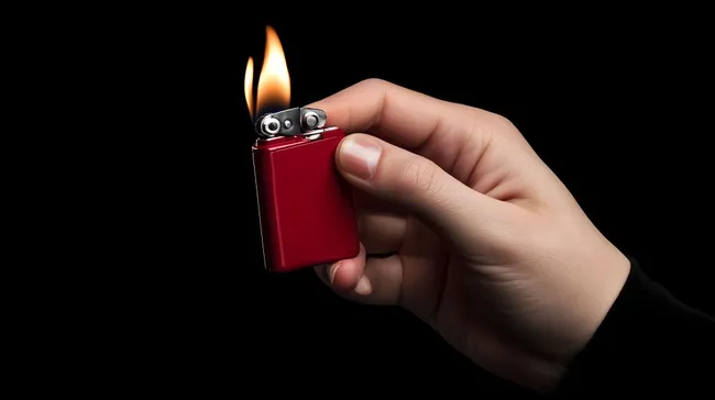 Rotes Feuerzeug in der Hand vor dunklem Hintergrund