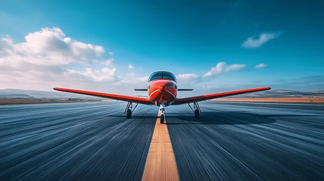 Rotes Flugzeug auf sonniger Startbahn