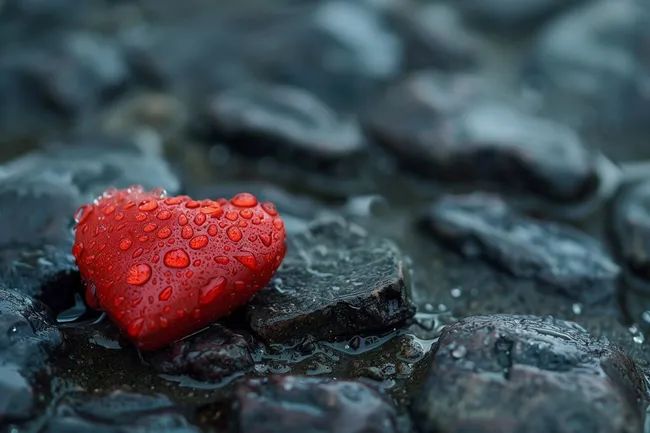Rotes Herz auf nassen Steinen - romantisches Naturmotiv