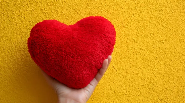 Rotes Herz-Kissen vor leuchtend gelbem Hintergrund