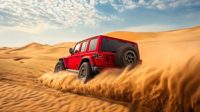 Rotes Jeep-Fahrzeug in der Wüste mit Sandaufwirbelung