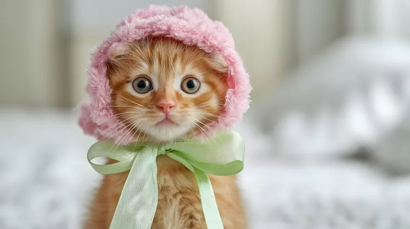 Rotes Kätzchen mit rosa Mütze und Schleife