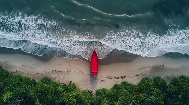 Rotes Kanu in idyllischer Meereslandschaft