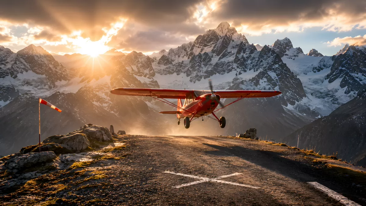 Rotes Kleinflugzeug startet von Berglandebahn bei Sonnenuntergang