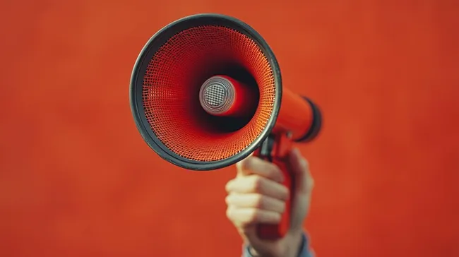Rotes Megafon in Nahaufnahme auf farbigem Hintergrund