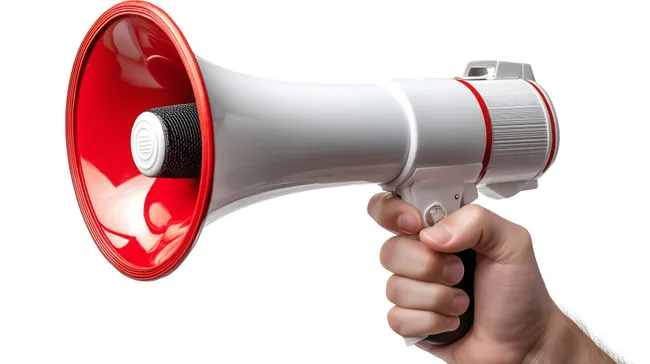 Rotes Megaphon in Handhalterung auf weißem Hintergrund