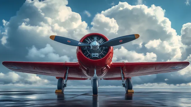 Rotes Oldtimer-Propellerflugzeug auf Landebahn vor dramatischem Himmel