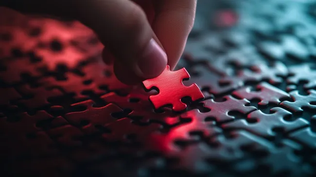 Rotes Puzzleteil in schwarzes Puzzle einfügen