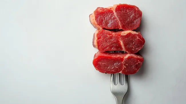 Rotes, saftiges Rindersteak auf Gabel