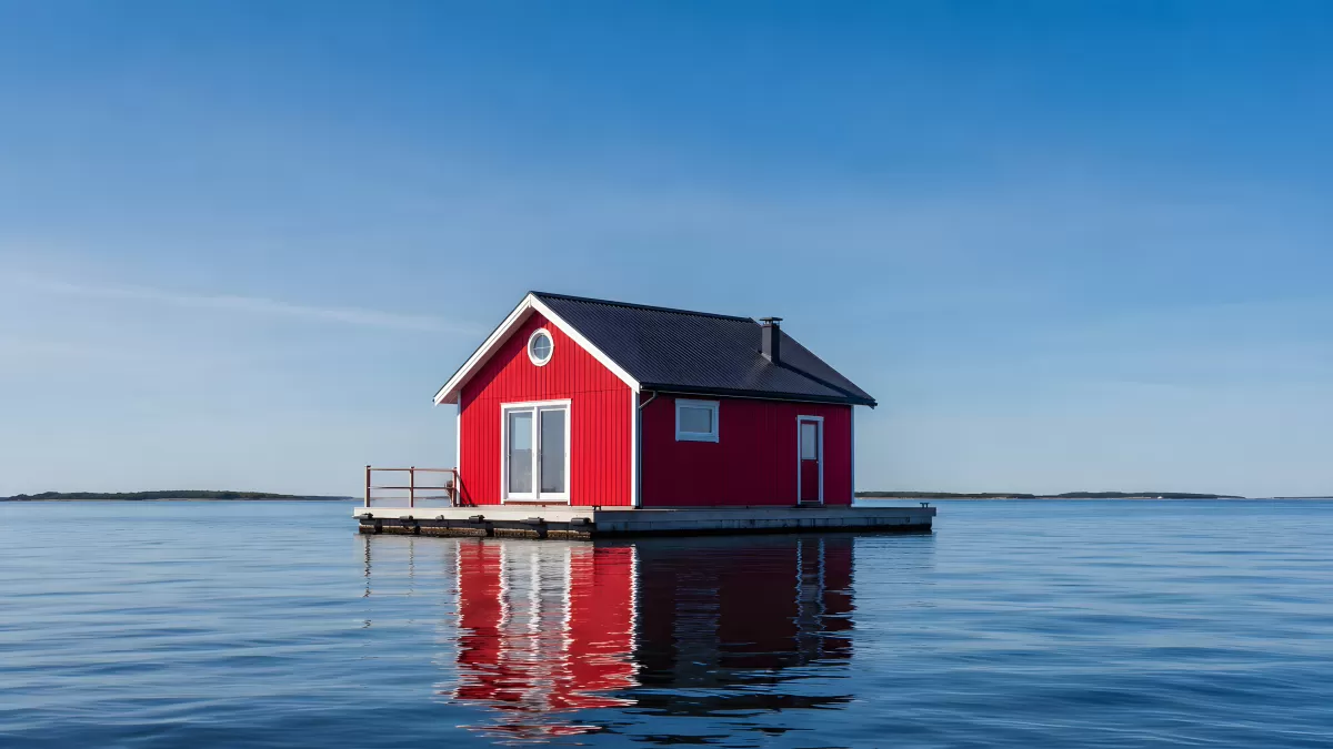 Rotes Schwedenhaus auf einem Floß im ruhigen See