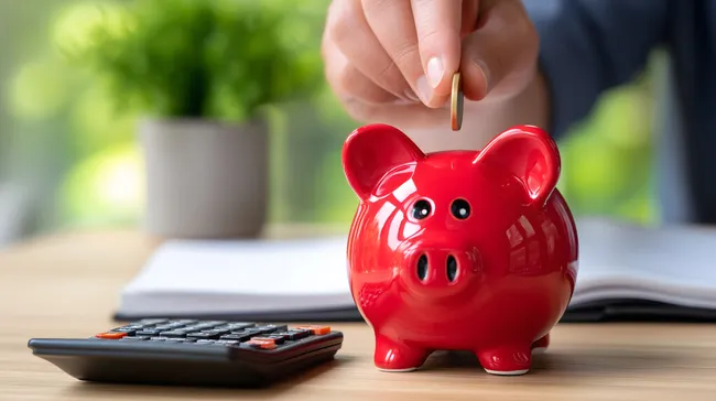 Rotes Sparschwein mit Münzen und Taschenrechner