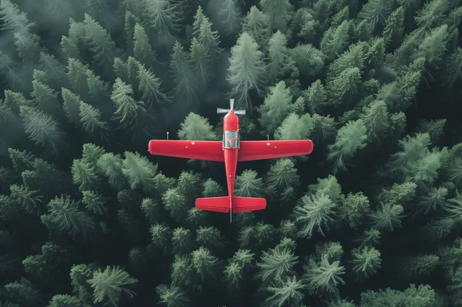 Rotes Sportflugzeug fliegt über grünen Bergwald