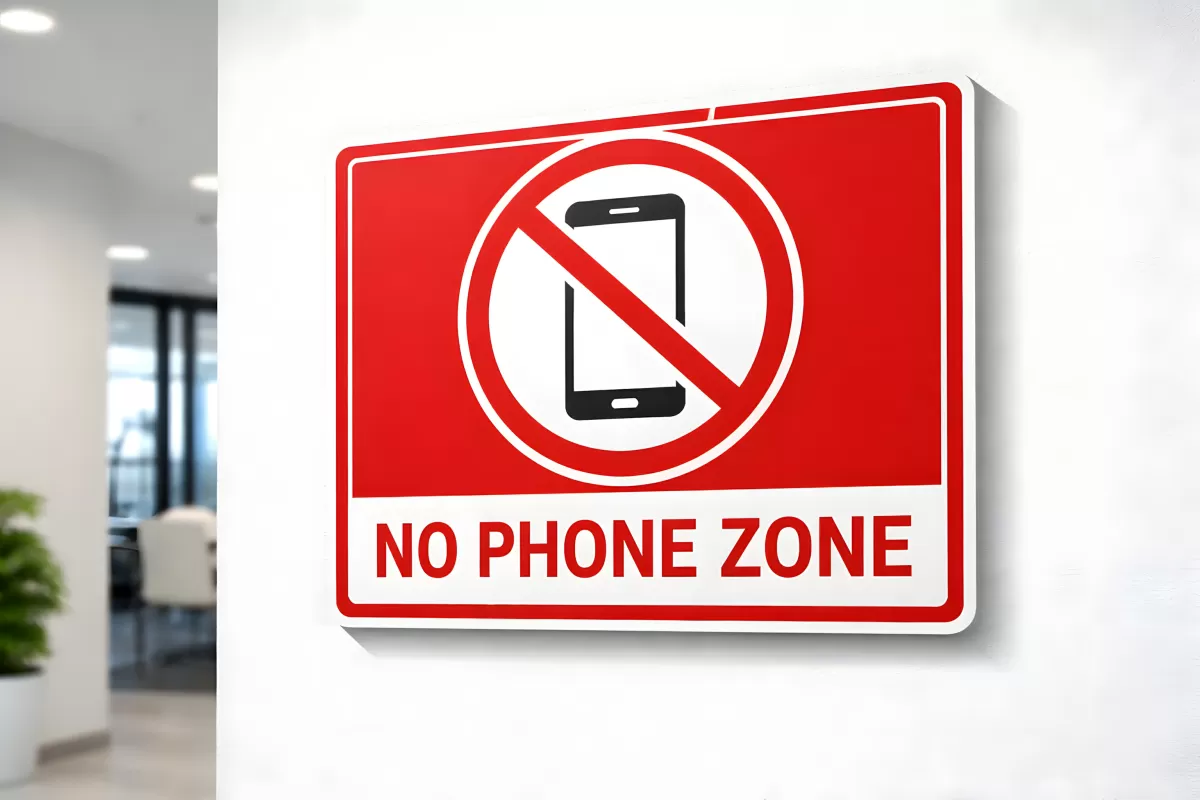 Rotes Verbotsschild Handyverbot an Bürowand