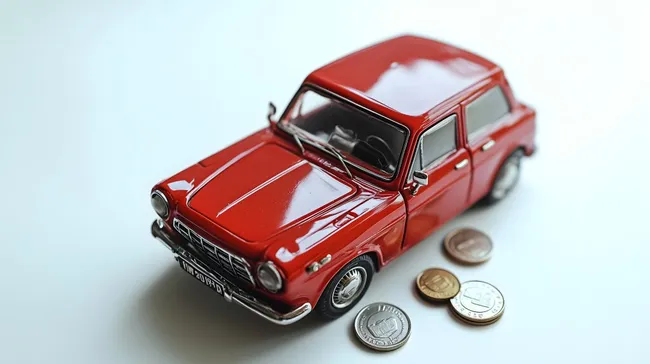 Rotes Vintage-Spielzeugauto mit Münzen - Finanzen und Leasing