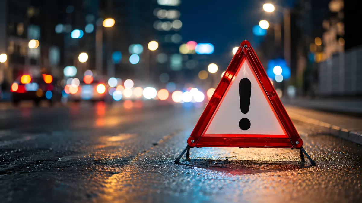 Rotes Warndreieck auf nasser Straße bei Nacht