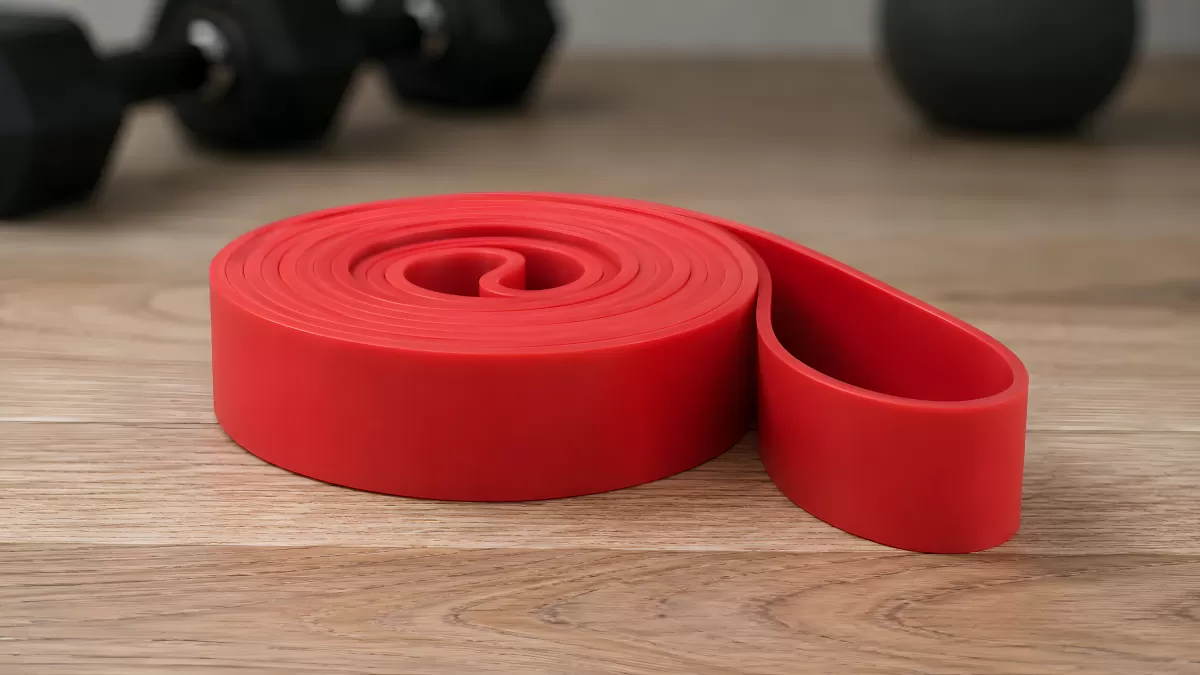 Rotes Widerstandsband aufgerollt auf Holzboden
