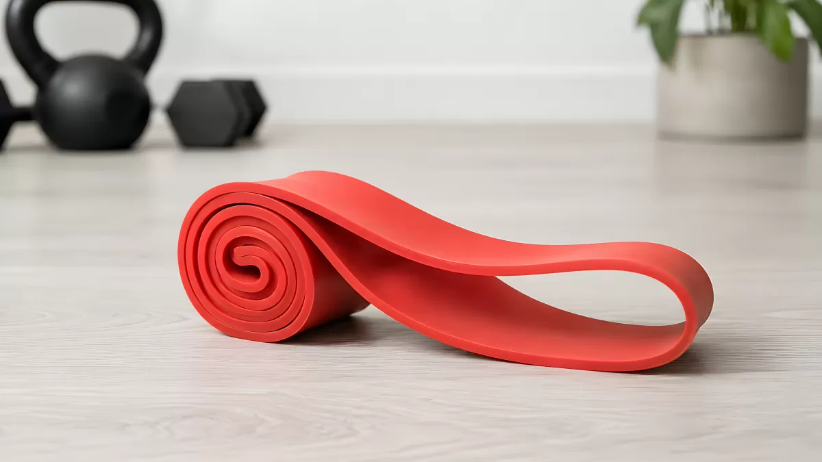 Rotes Widerstandsband aufgerollt im Heimstudio