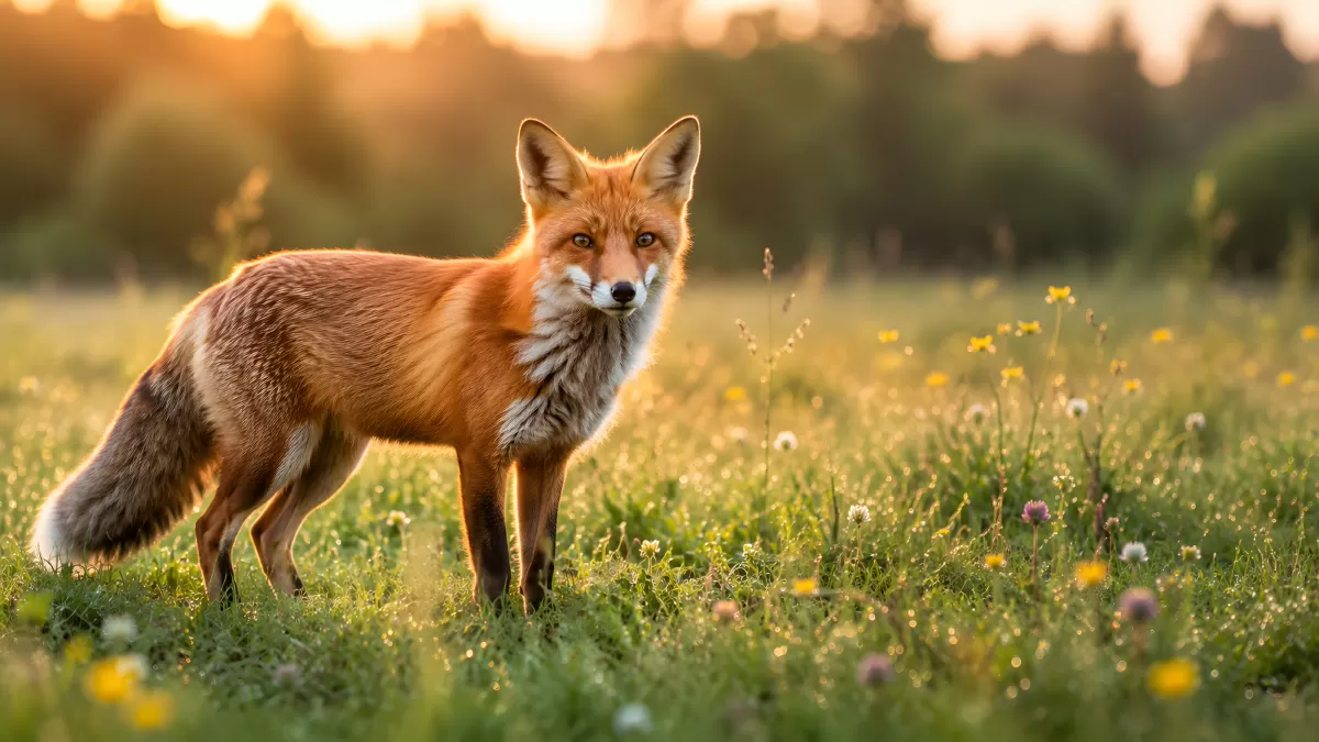 Rotfuchs auf blühender Wiese im Abendlicht