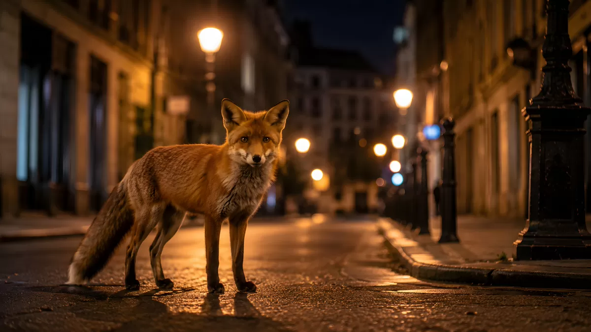 Rotfuchs auf nächtlicher Stadtstraße im Lampenschein