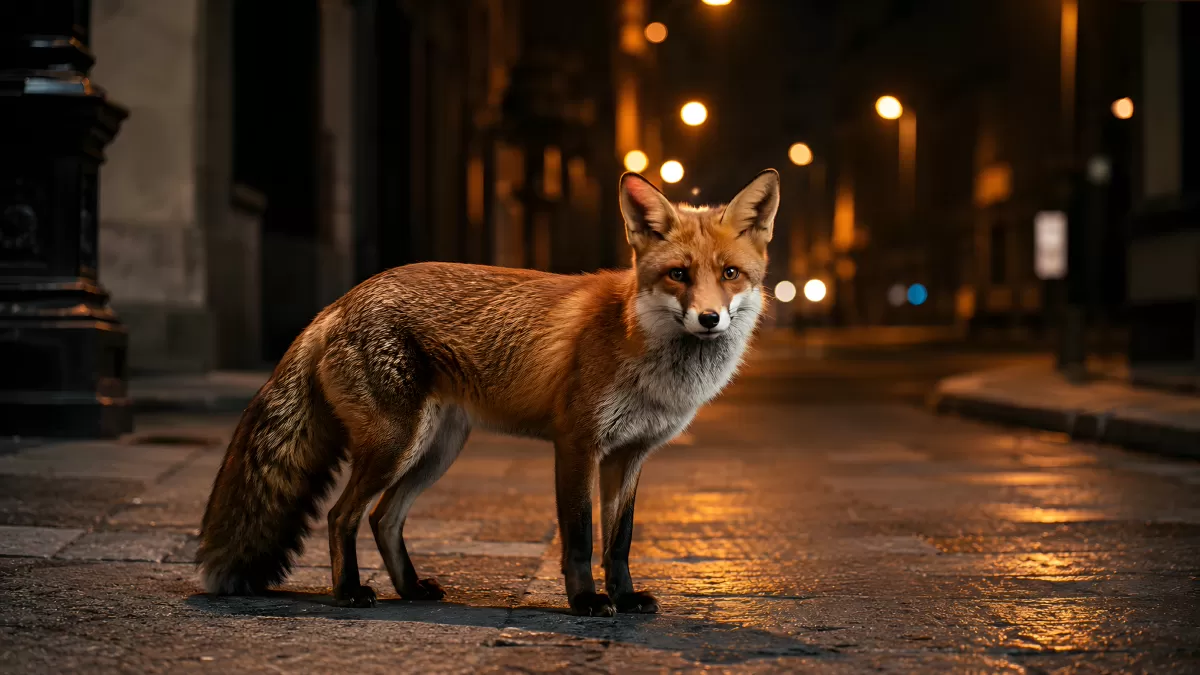 Rotfuchs auf nächtlicher Stadtstraße im Laternenlicht