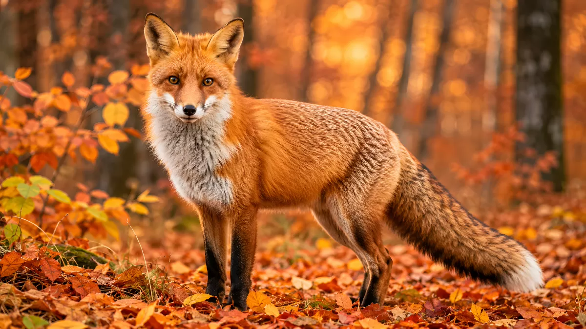 Rotfuchs im Herbstwald steht zwischen buntem Laub
