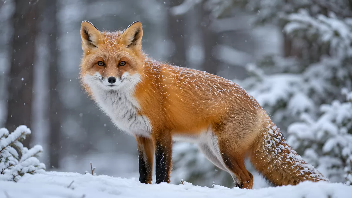 Rotfuchs im Schnee steht im Winterwald