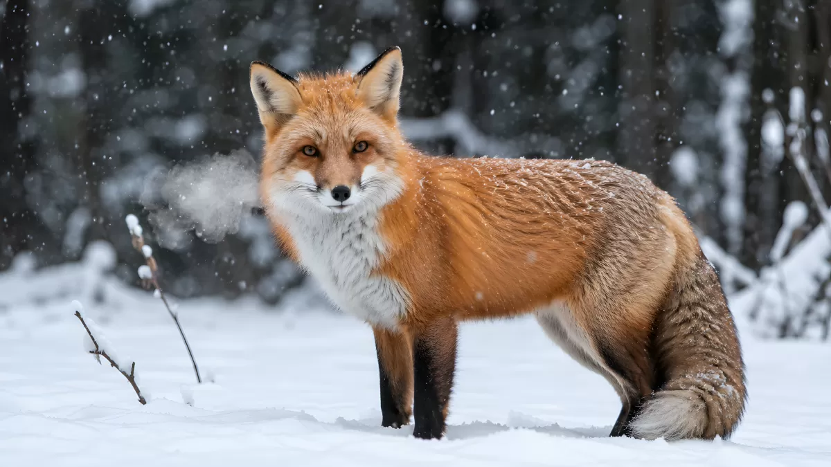 Rotfuchs im Schneetreiben eines Winterwaldes