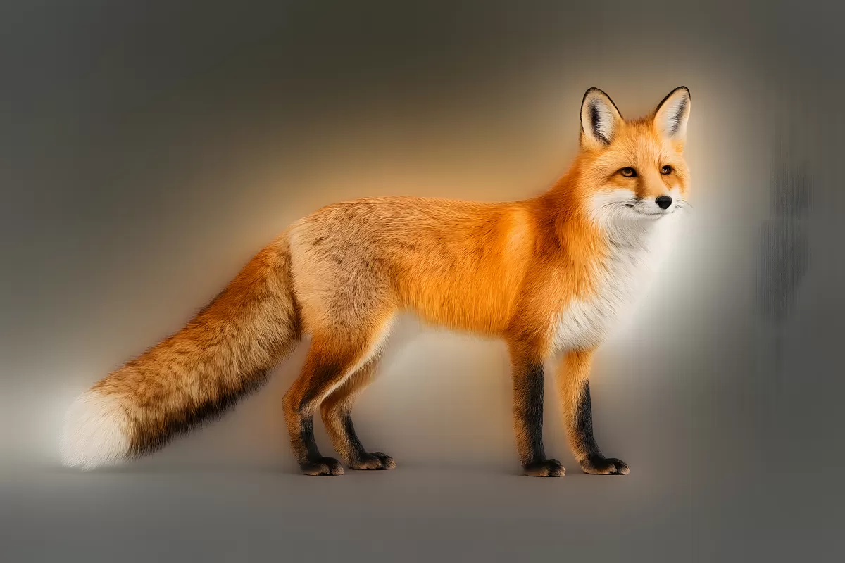 Rotfuchs in eleganter Seitenpose vor grauem Hintergrund