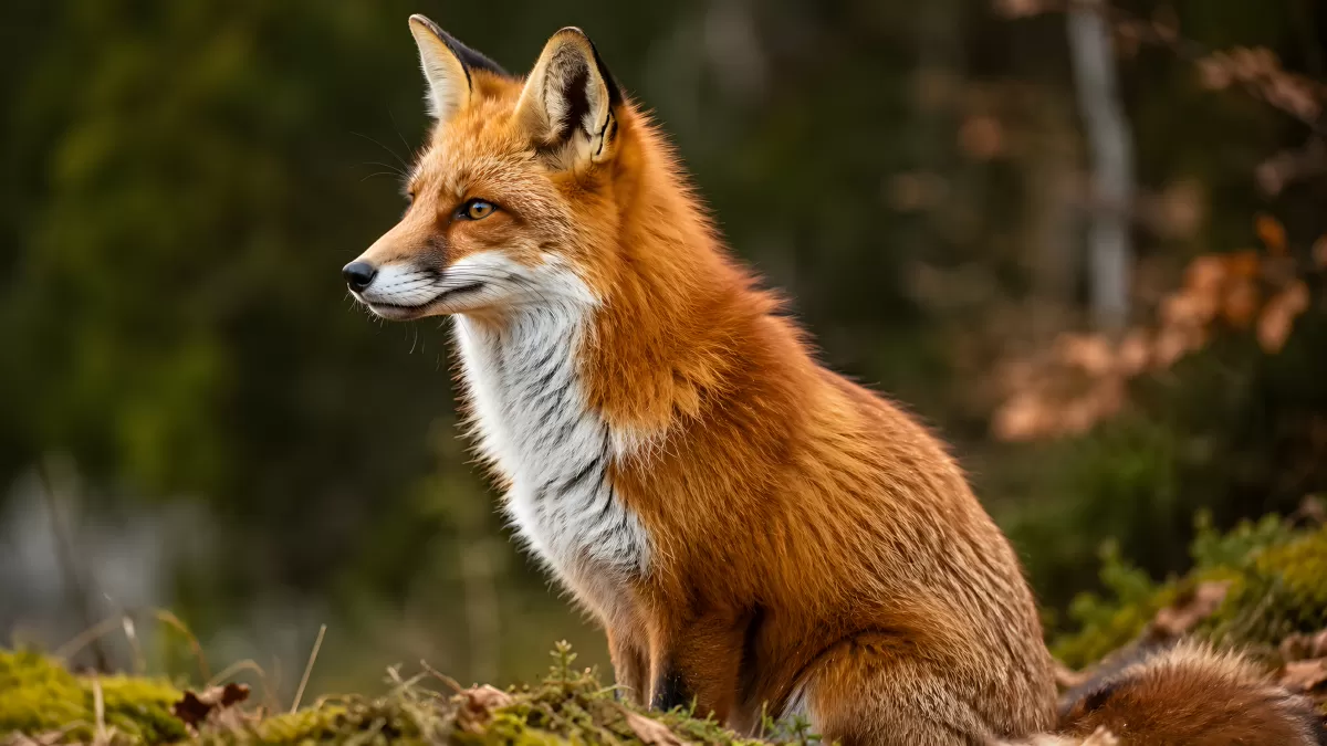 Rotfuchs sitzt aufmerksam auf Moosfelsen im Wald
