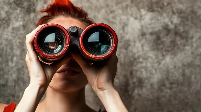 Rothaariger Punk erforscht mit Fernglas den grauen Hintergrund