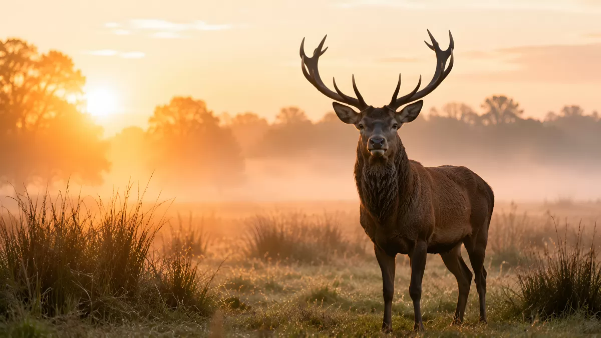 Rothirsch im Morgennebel bei goldenem Sonnenaufgang
