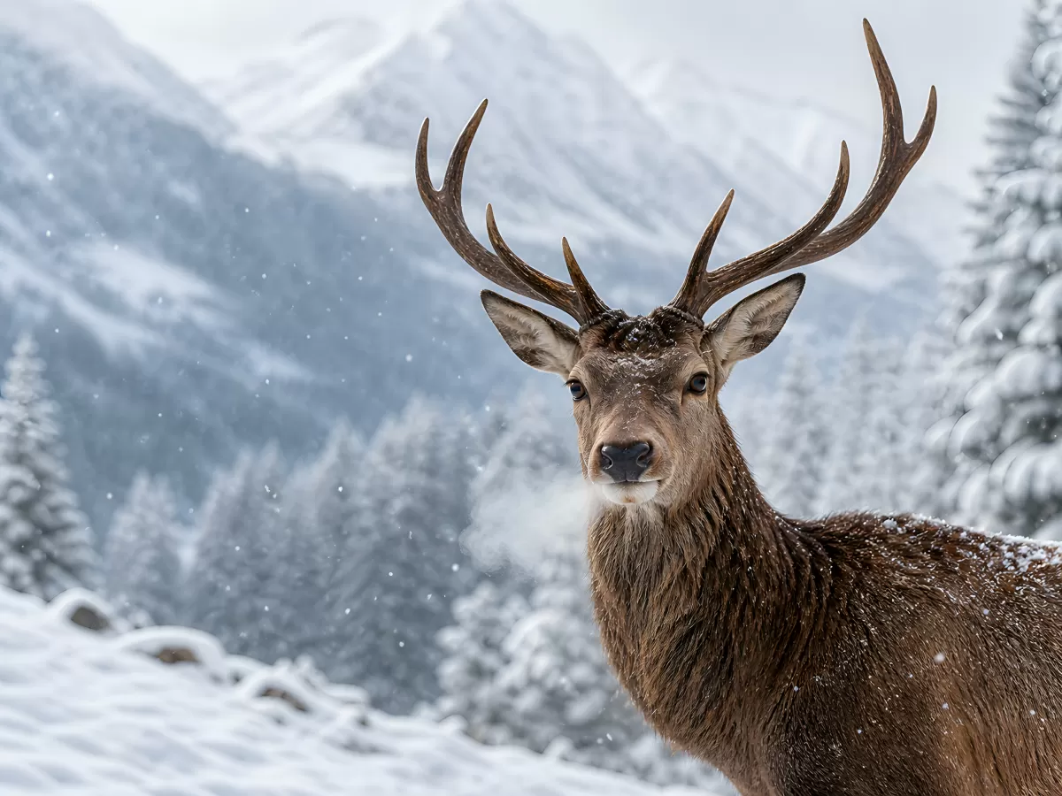 Rothirsch im Schnee vor verschneiter Berglandschaft